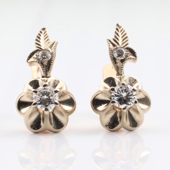 14K Solid Gold Diamond Earrings, Vintage Floral Wedding Earrings, Bridal or Mother of the Bride Jewelry