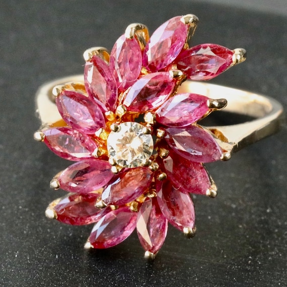 14k Solid Gold Ruby Diamond Ring, Vintage Cluster Cocktail Ring, Estate Fine Jewelry, July Birthday
