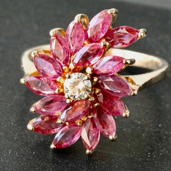 Natürlicher Rubin und Diamant 14k Gold Statement Cocktail Ring, Vintage Zustand Schmuck, Juli Geburtsstein, Maximalist Ring