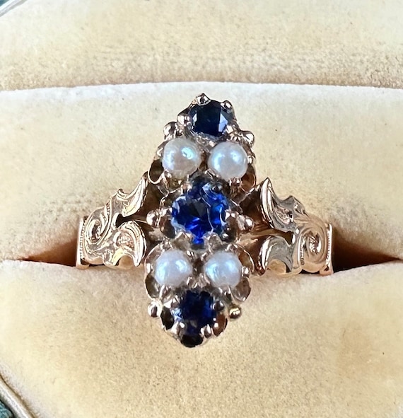 Victorian 14K Sapphire & Pearl Ring, Antique Rose Gold Botanical Engagement Ring