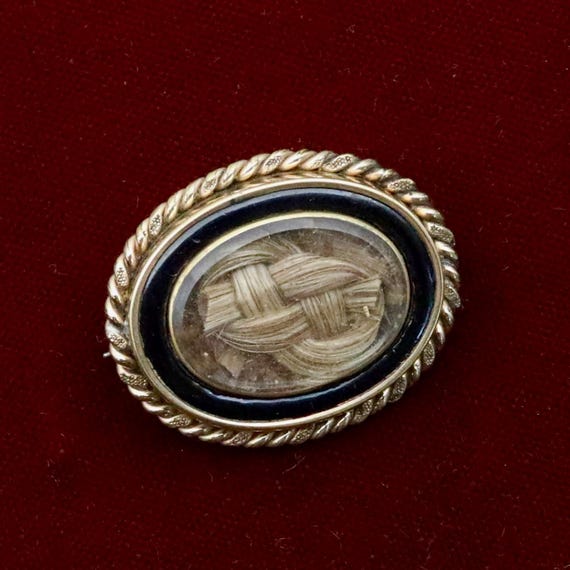Victorian Mourning Brooch, Hairwork Enamel Pin, Antique Memorial Jewelry