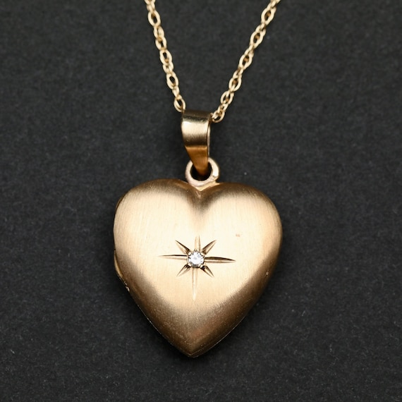 14K Gold Heart Locket Necklace • Diamond Heart Locket • Vintage Photo Locket