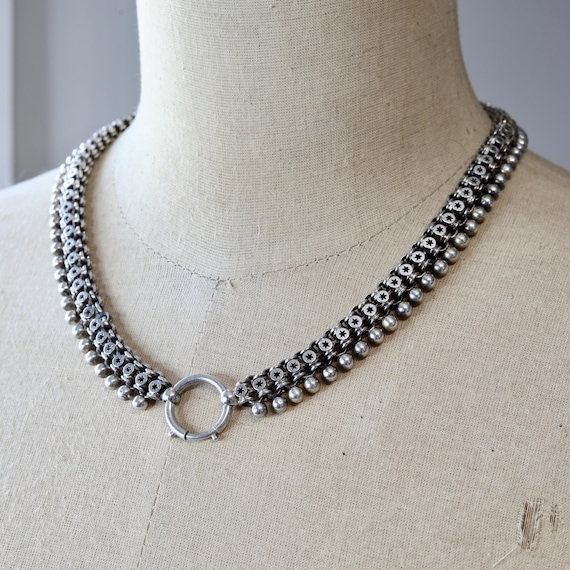 Victorian Sterling Silver Star & Ball Necklace • Antique Collar Chain c.1860 • 19th Century Book Chain Jewelry