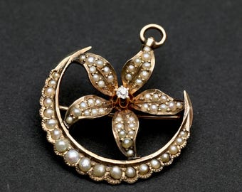 Colgante victoriano de media luna en oro de 14 k • Broche antiguo con perla y diamante europeo antiguo
