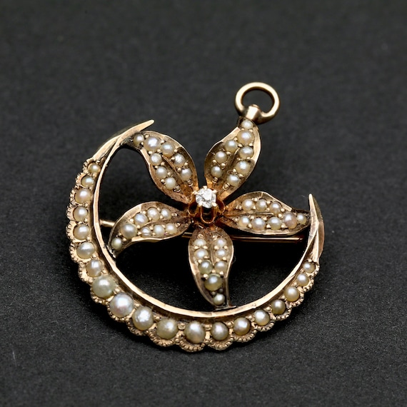 Victorian 14k Gold Crescent Moon Pendant • Pearl & Old European Diamond Antique Brooch Necklace