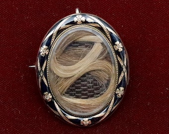 Victorian Mourning Brooch • 18K Gold Hairwork Enamel Pendant