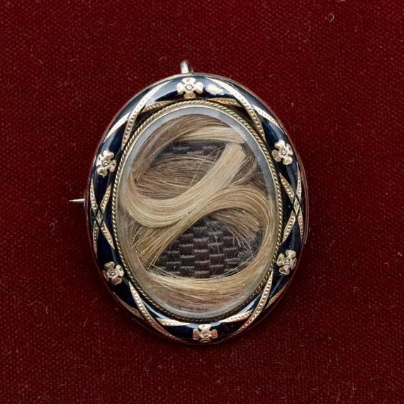 Victorian Mourning Brooch • 18K Gold Hairwork Enamel Pendant