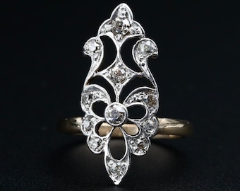 Anillo de diamantes antiguo • Platino y oro Belle Époque • Marquesa con talla antigua de mina (Navette) • Tamaño 5-3/4