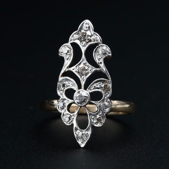 Antique Diamond Ring • Belle Époque Platinum & Gold • Old Mine Cut Marquise (Navette) • Size 5-3/4