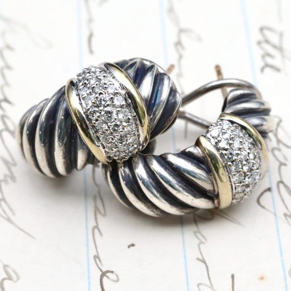 David Yurman Diamond Earrings • 18K Gold Mixed Metal Cable Earrings • Vintage Designer Jewelry