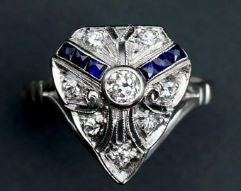 Art Deco Ring • Sapphire Diamond Engagement • Antique 14k Gold • Size 4.5