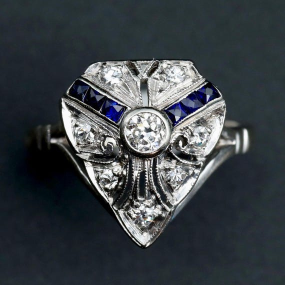 Art Deco Ring • Sapphire Diamond Engagement • Antique 14k Gold • Size 4.5