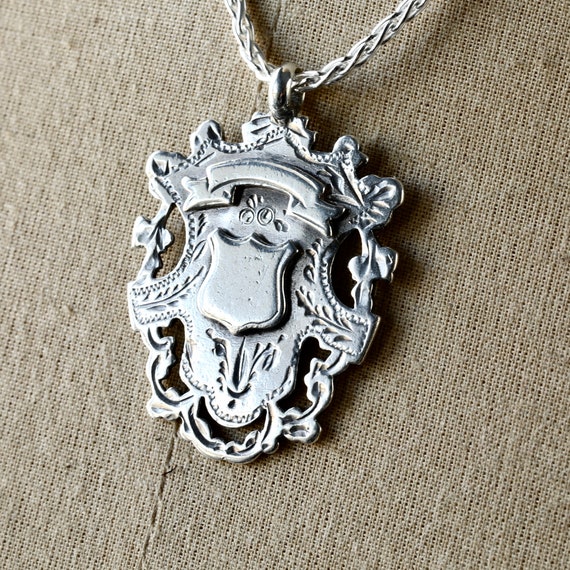 Antique Sterling Silver Fob Necklace • Gothic Watch Fob Pendant • Castlecore Jewelry