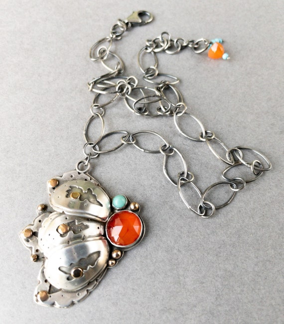Carnelian & Turquoise Pendant Necklace • Handmade Sterling Silver Long Statement Necklace