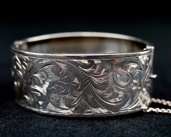 Vintage Sterling Silver Engraved Bangle • 1940 Birmingham Hallmarked Cuff Bracelet • Wide Hinged Retro Sterling Jewelry