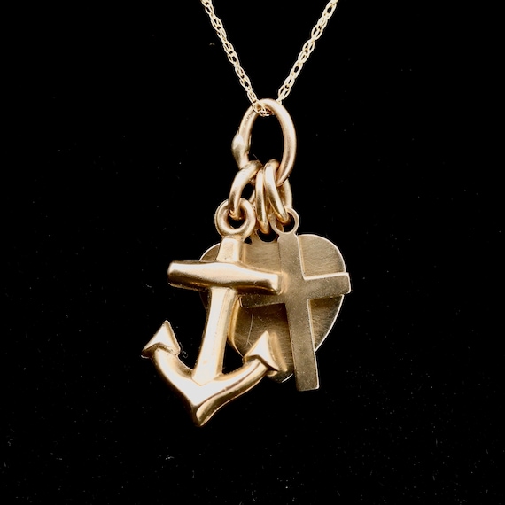 14k Gold Cross Pendant • Faith Hope Love Charm • Anchor Heart Pendant