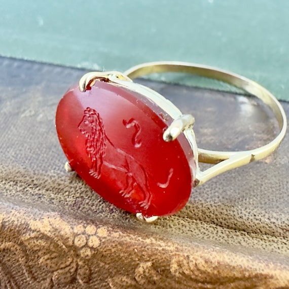 14K Solid Gold Leo Signet Ring • Vintage Carnelian Intaglio • Handmade Zodiac Jewelry