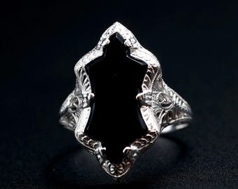 Anillo de sello Art Déco de ónix negro • Joyería llamativa antigua de oro blanco de la década de 1930 • Summerween • Talla 8