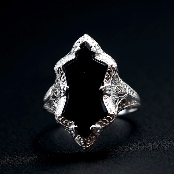 Art Deco Black Onyx Signet Ring • Antique 1920s White Gold Statement Jewelry • Size 8