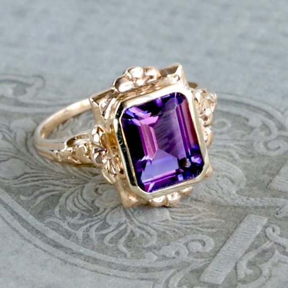 Deco 10k Gold Amethyst Ring • 2.13ct Emerald Cut Purple Gemstone • Vintage 1930s Engagement Ring Size 5.5