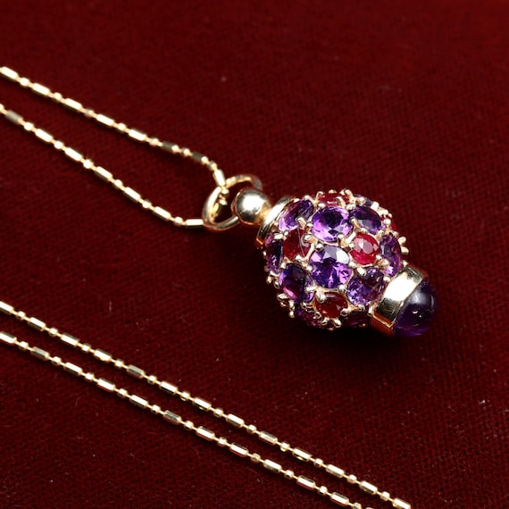 Vintage 14k Solid Gold Gemstone Pendant • Amethyst & Ruby Birthstone Necklace