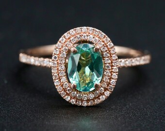 Anillo de turmalina con halo de diamantes • Oro rosa de 14 k • Anillo de compromiso o aniversario