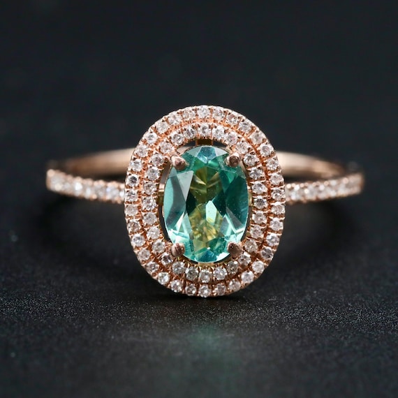 Tourmaline Diamond Halo Ring • 14k Rose Gold • Engagement or Anniversary Ring