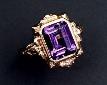 Anillo Art Déco de amatista • Anillo vintage de oro de 10 quilates con la piedra natal de febrero • Talla 5.5