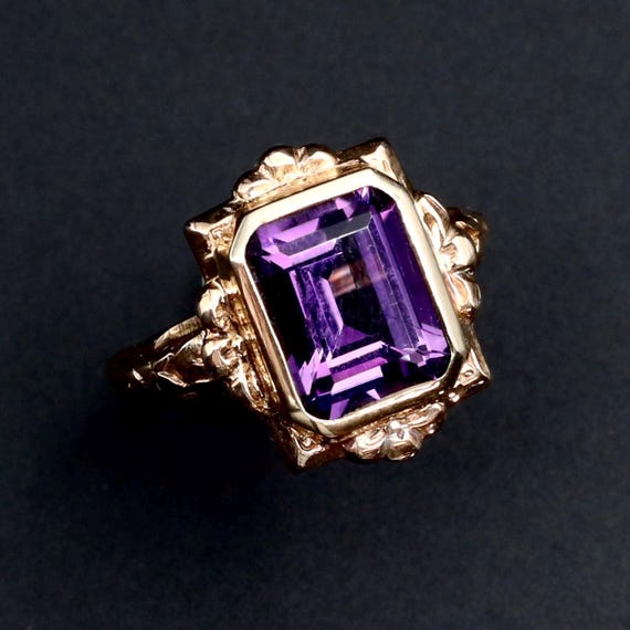 Amethyst Art Deco Ring • Vintage 10K Gold February Birth Stone Ring • Size 5.5