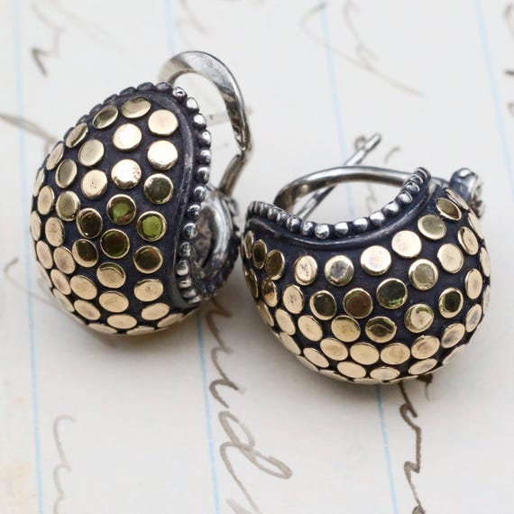 John Hardy Buddha Belly Earrings • Sterling Silver & 18k Gold Hoops • Mixed Metal Designer Jewelry • Vintage Statement Earrings