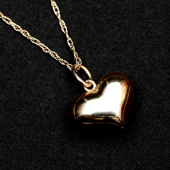 Vintage 14K Gold Puffy Heart Necklace • Dainty Gold Heart Charm