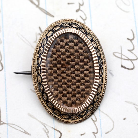 Victorian Mourning Brooch, 14K Gold Hairwork Enamel Pin
