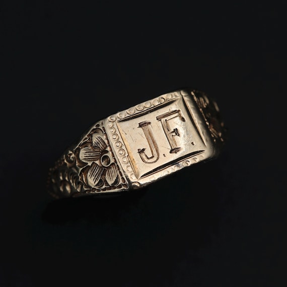 Gold Signet Ring • Antique Victorian 14k Gold • Engraved Initials JF • Size 5.5