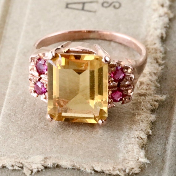 Retro 14k Rose Gold Citrine Ruby Ring, 1940s Cocktail Ring, Vintage Citrine Engagement Ring
