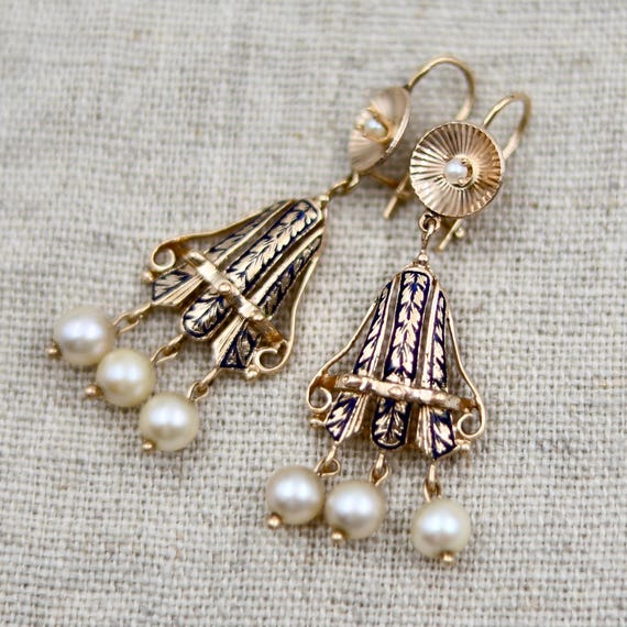 Victorian Blue Enamel & Pearl Earrings, 14k Gold Antique Drops, Something Blue Bridal Jewelry