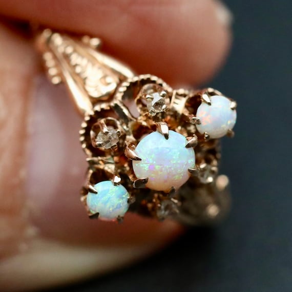 Antique Victorian 10k Gold Opal Diamond Ring, Unique October