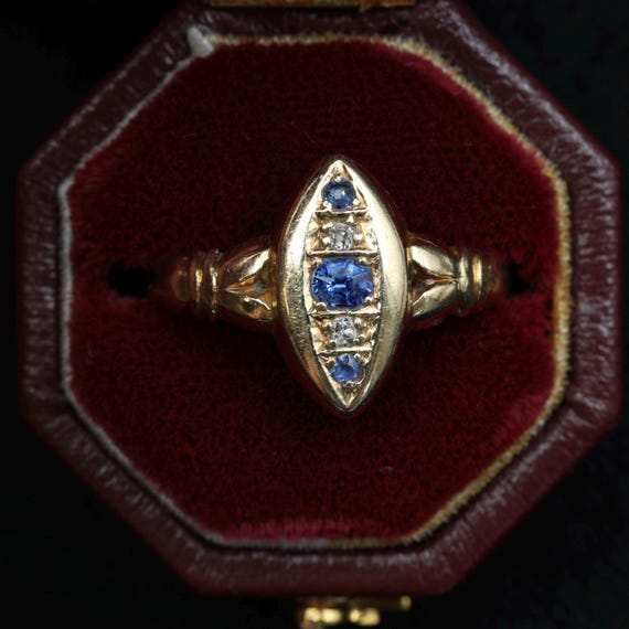 Victorian 18k Sapphire Diamond Navette Ring, Antique English Gold Ring, Alternative Engagement