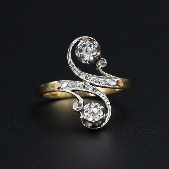 Antique Toi et Moi Ring • 18K Gold & Platinum Diamond Ring • Belle Époque Old European Cut • Size 6.5