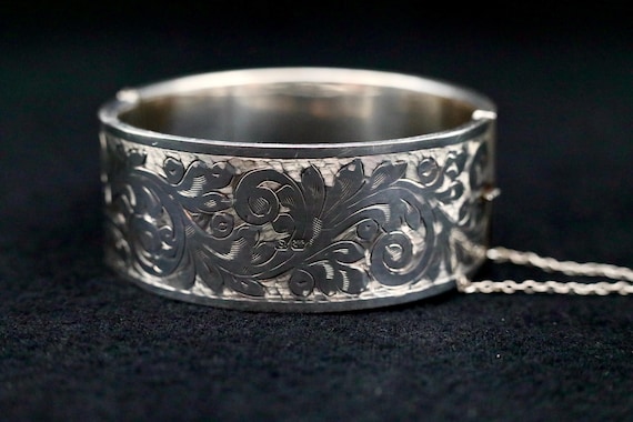 Engraved Sterling Bangle • Antique Silver Floral Cuff • 1940s Hinged Bracelet