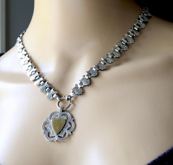 Victorian Book Chain Necklace with Gold Fob • Antique Sterling Silver Statement Collar • 19th Century Jewelry