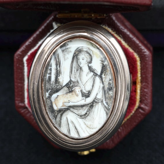 Georgian 14K Gold Mourning Ring | Sepia Miniature Under Crystal | Hair Work Woman & Lamb Memorial Jewelry (Size 8.5)