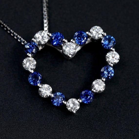 Heart Necklace • 14k Gold Sapphire & Diamond Necklace • Bridal Something Blue Jewelry