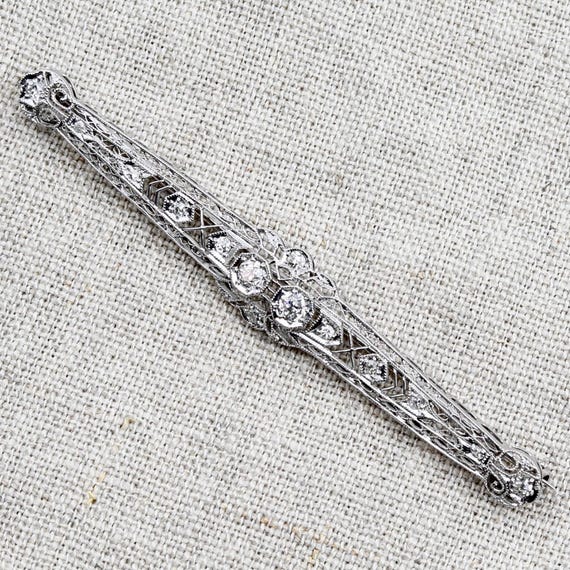 Edwardian Diamond Bar Brooch • Platinum Bridal Hair Pin • Antique Something Old Wedding Jewelry