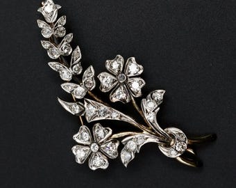 Art Nouveau Diamond Brooch • French Antique 14k Gold Flower Pin • 1.41ct Diamond Jewelry
