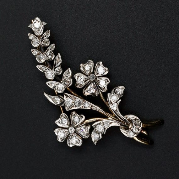 Art Nouveau Diamond Brooch • French Antique 14k Gold Flower Pin • 1.41ct Diamond Jewelry