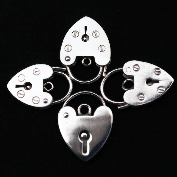 Vintage 1970s Sterling Silver Heart Charm Bracelet Clasps, Heart Padlock Pad Lock Pendant Necklace, Charm Bracelet Clasp