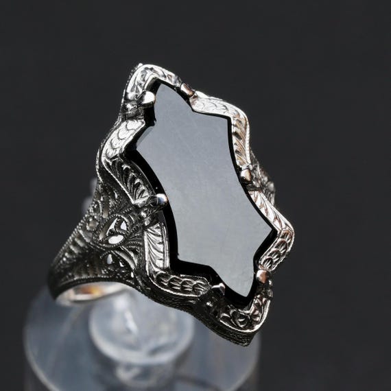 Art Deco Black Onyx Signet Ring • Antique 1920s White Gold Statement Jewelry