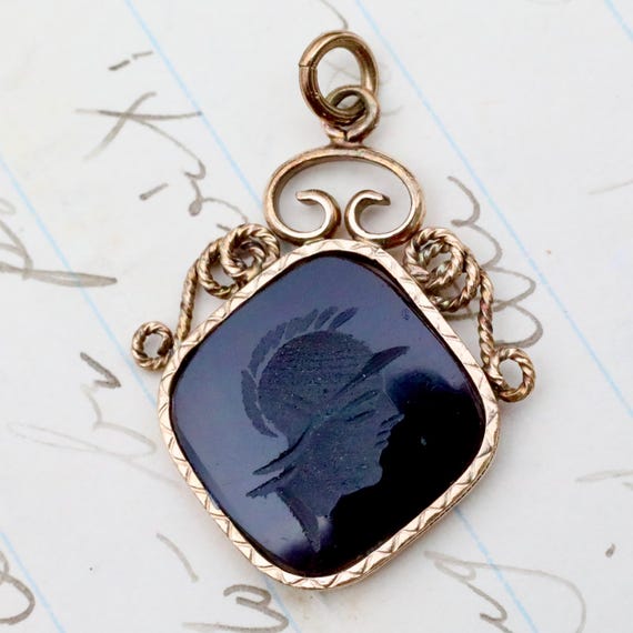 Victorian Carnelian Intaglio Pendant • Roman Soldier Antique Charm • Gold Filled Estate Jewelry