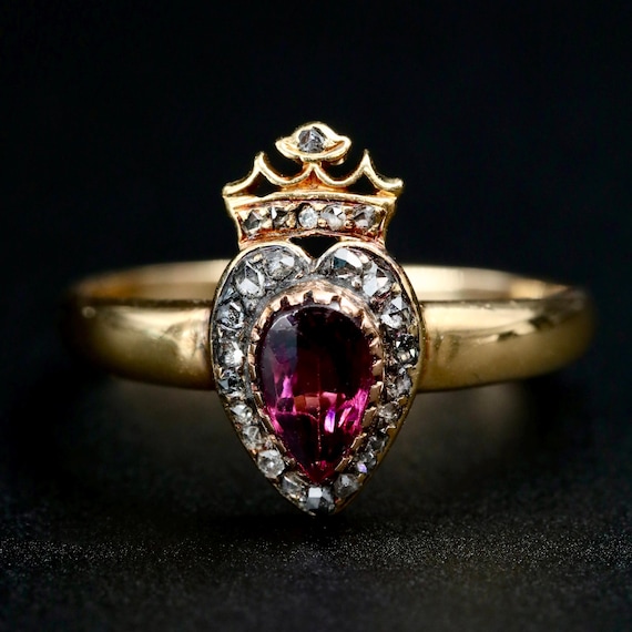 Victorian Garnet Ring • Antique Rose Cut Diamond 18k Gold Ring • January Birthstone 2nd Anniversary Gift