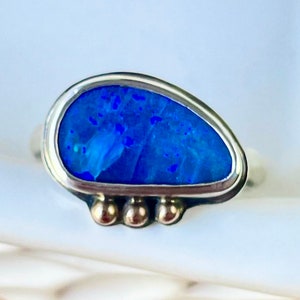 Natural Australian Blue Boulder Opal Ring, Birthstone Stacking Ring, Solid 14k Sterling Silver Boho Ring For Women, Opal Nature Jewelry